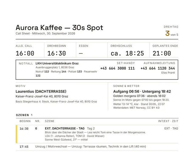 Gestaltetes Call Sheet als PDF
