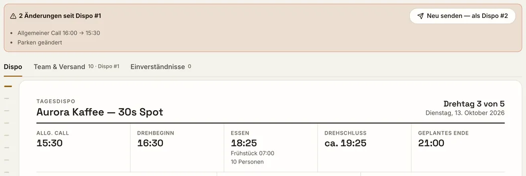Tagesdispo mit Hinweis auf zwei Änderungen seit dem Versand
