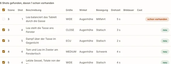 Import-Vorschau eines Drehbuchs mit erkannten Szenen