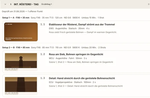 Shotliste mit Setups, Bildgrößen und Vorschaubildern