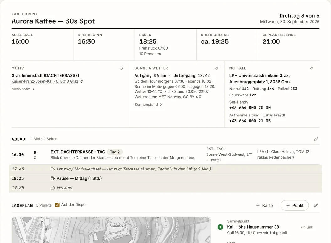 Tagesdispo in setnest mit Ablauf, Zeiten, Motiven und Wetter