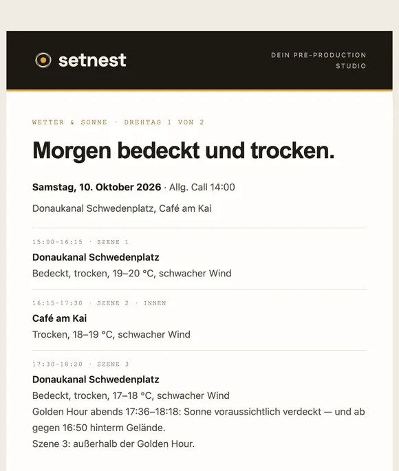 Wetter-Mail am Vorabend mit Wetter und Sonnenzeiten je Motiv