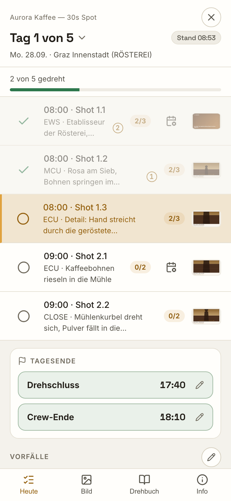 Der Set-Modus am Telefon: Tag 1 von 6, der Ablauf des Tages Shot für Shot mit Haken