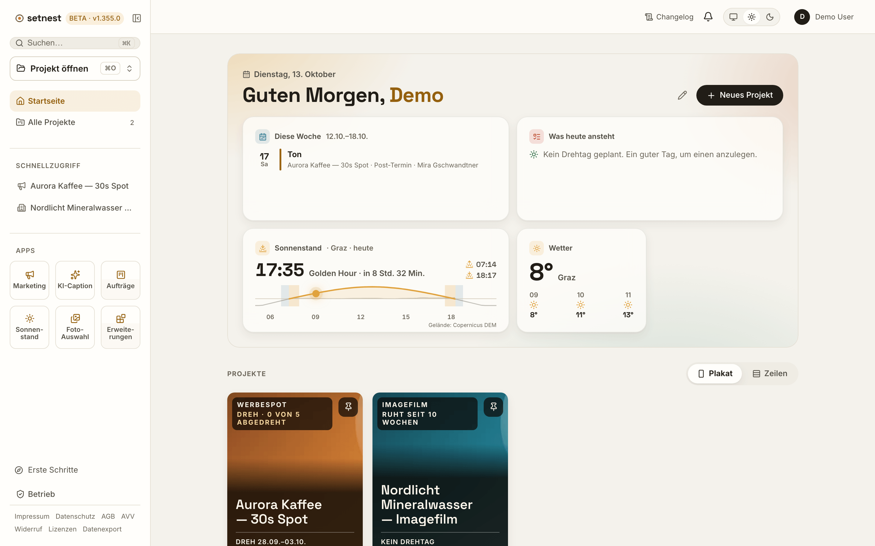 Die Startseite von setnest mit Begrüßung, den heutigen Aufgaben und zwei Projektkarten